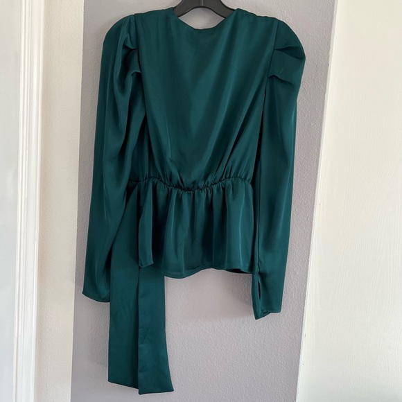Express Green Satin Pleated Sleeve Wrap Front Bow Top - Picture 5 of 9